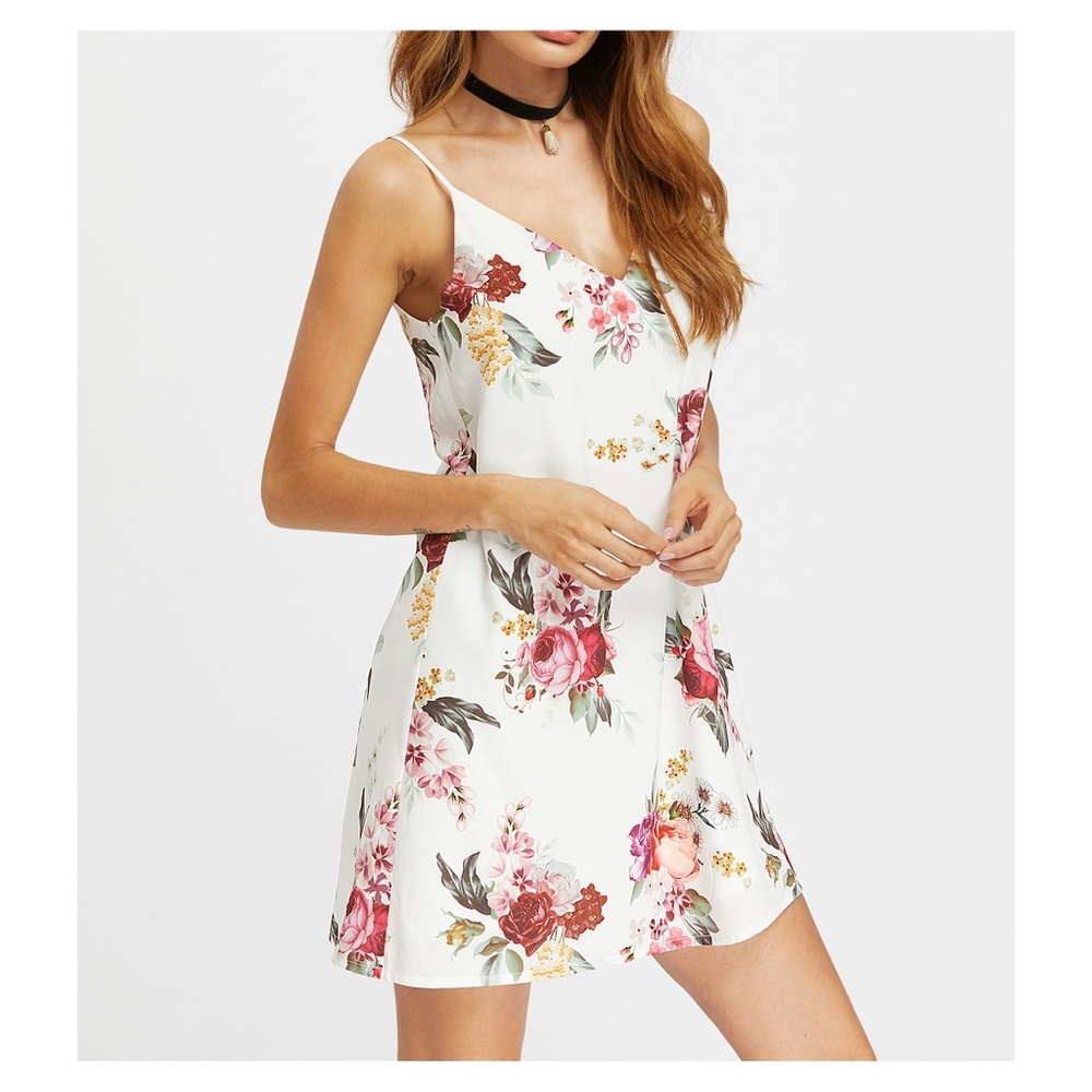 White Floral Spaghetti Straps Cami Slip Dress - Picture 4 of 5